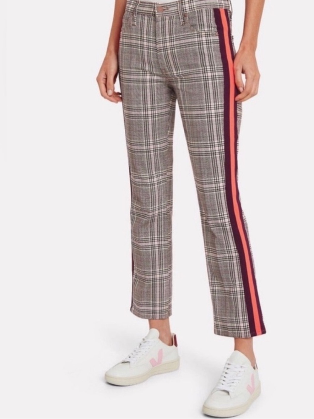 MOTHER The Insider Gray Plaid Ankle Pants with Red & Maroon Side Stripes